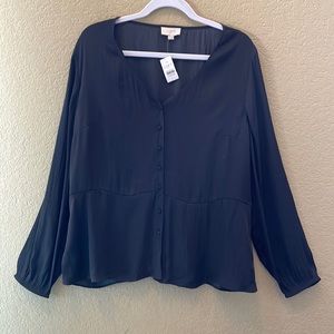 New With Tags! Black Blouse, LOFT Outlet, Size L, V-Neck, Peplum, Button Down